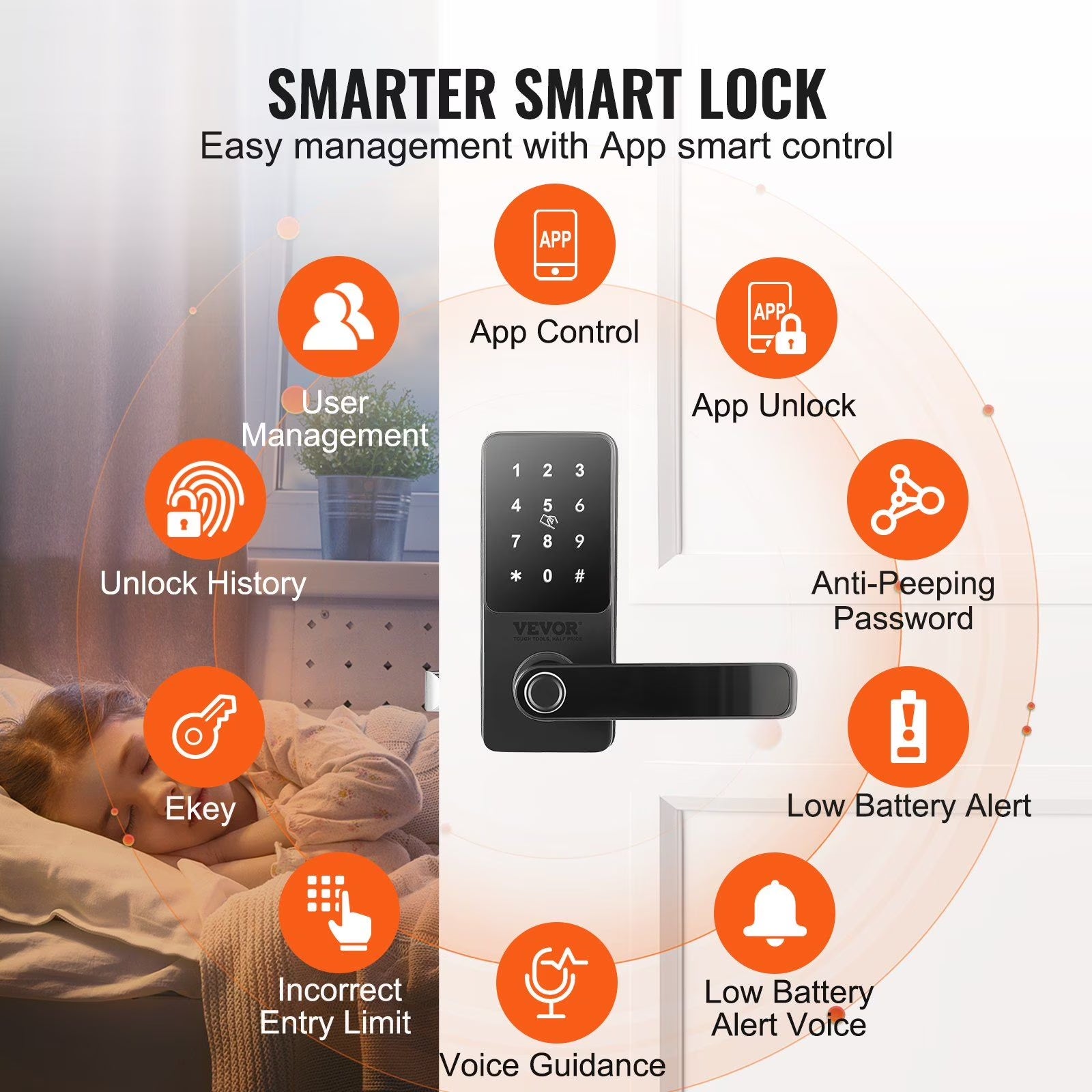 Smart Lock, 5-In-1 Smart Door Knob, Fingerprint Deadbolt with App Control, Bluetooth Smart Lock, Keyless Entry Door Lock with Handle, Biometric Door Lock, Keypad Digital Door Lock for Front Door