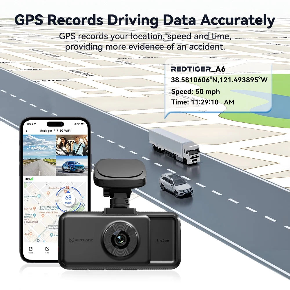 A6 3 Channel Dash Cam, Touch Screen, 2.5K+1080P+1080P Dash Cam Front and Rear Inside, 64GB Card, Triple Dash Camera with Wifi & GPS, Loop Recording, Night Vision