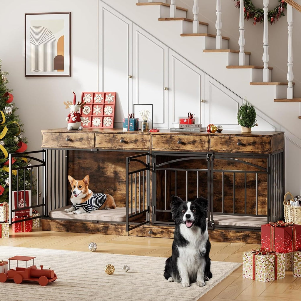 Dog Crate Furniture for 2 Dogs, 78.7'' Large Dog Kennel Indoor with 4 Storage Drawers and Feeding Bowls, Double Dog Crate TV Stand for Small and Medium Dogs, Brown