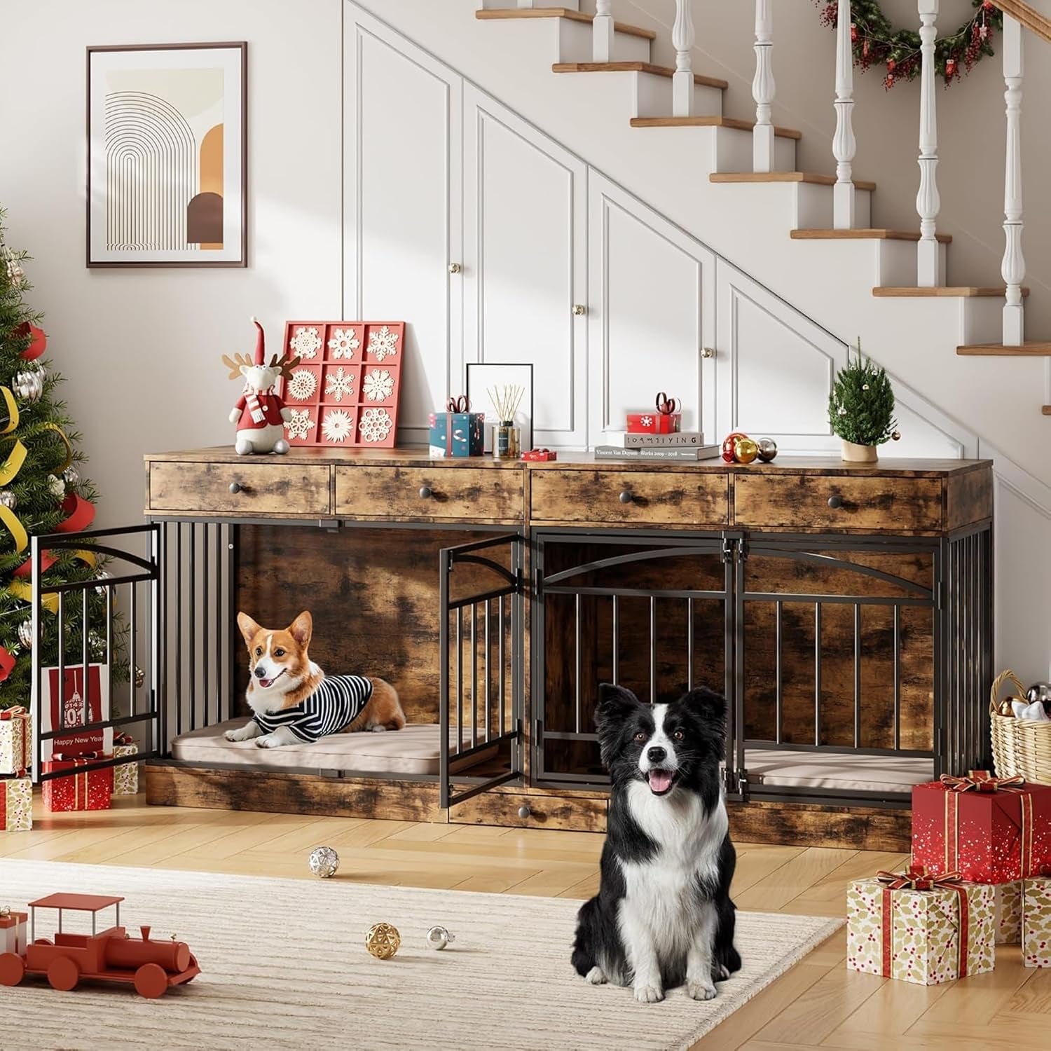 Dog Crate Furniture for 2 Dogs, 78.7'' Large Dog Kennel Indoor with 4 Storage Drawers and Feeding Bowls, Double Dog Crate TV Stand for Small and Medium Dogs, Brown