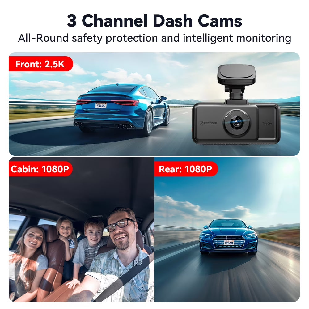 A6 3 Channel Dash Cam, Touch Screen, 2.5K+1080P+1080P Dash Cam Front and Rear Inside, 64GB Card, Triple Dash Camera with Wifi & GPS, Loop Recording, Night Vision