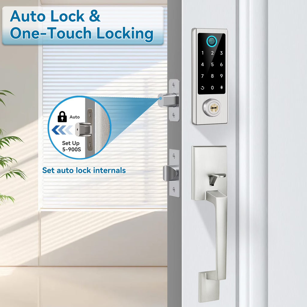 Fingerprint Door Lock with Handle Sets,  Keyless Entry Door Lock, Bluetooth Front Door Lock Set, Smart Door Lock, Electronic Keypad Door Lock with Handle, Digital Smart Deadbolt, Satin Nickel