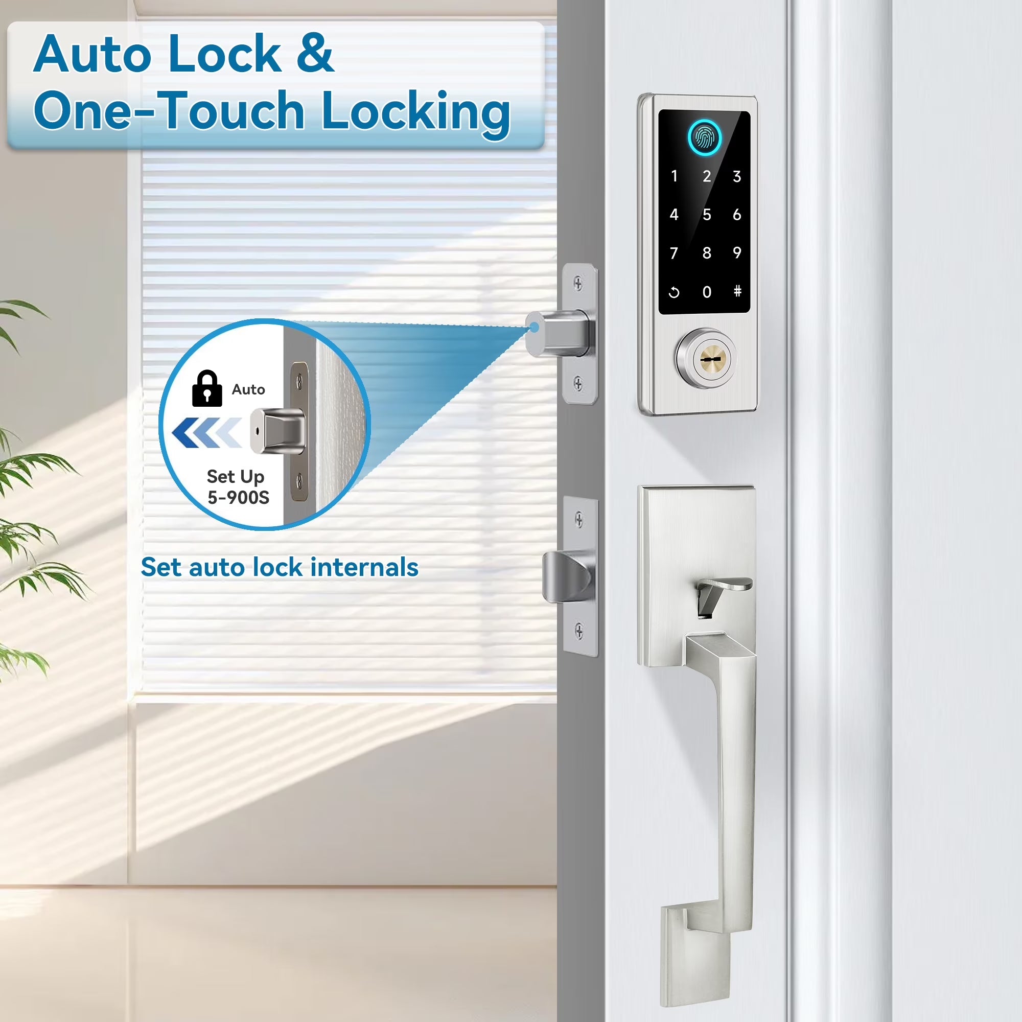 Fingerprint Door Lock with Handle Sets,  Keyless Entry Door Lock, Bluetooth Front Door Lock Set, Smart Door Lock, Electronic Keypad Door Lock with Handle, Digital Smart Deadbolt, Satin Nickel