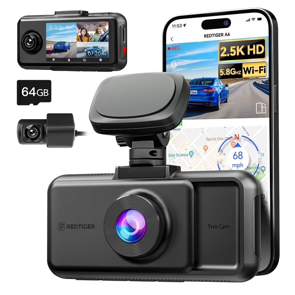 A6 3 Channel Dash Cam, Touch Screen, 2.5K+1080P+1080P Dash Cam Front and Rear Inside, 64GB Card, Triple Dash Camera with Wifi & GPS, Loop Recording, Night Vision