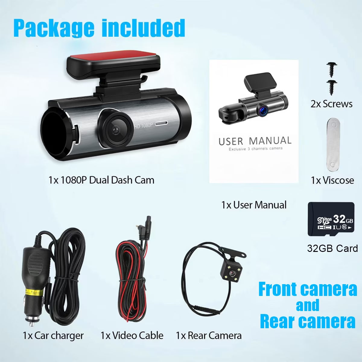 1080P Car Camera, Car Dash Cameras, Front and Inside, with Night Vision, Loop Recording DVR Camera