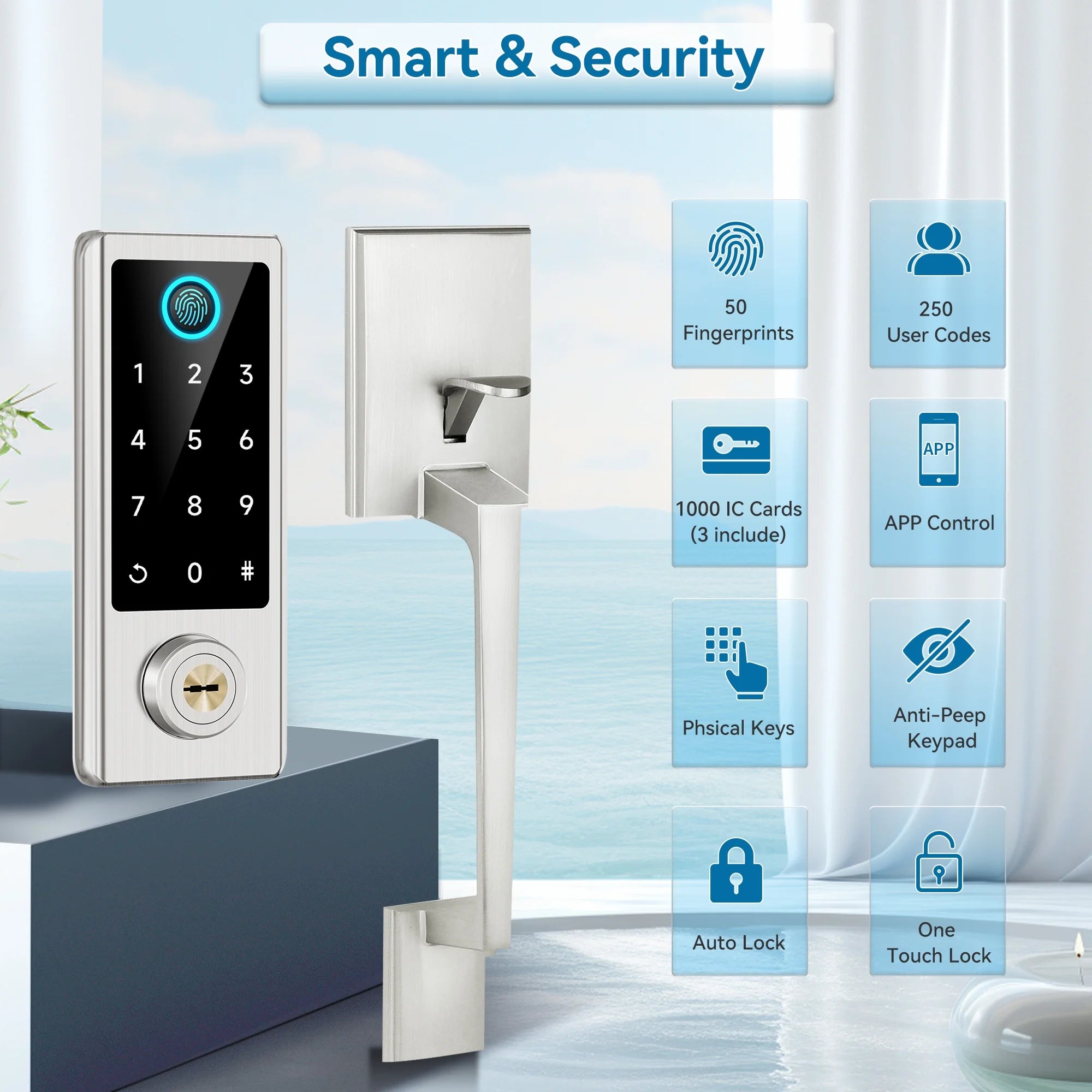 Fingerprint Door Lock with Handle Sets,  Keyless Entry Door Lock, Bluetooth Front Door Lock Set, Smart Door Lock, Electronic Keypad Door Lock with Handle, Digital Smart Deadbolt, Satin Nickel