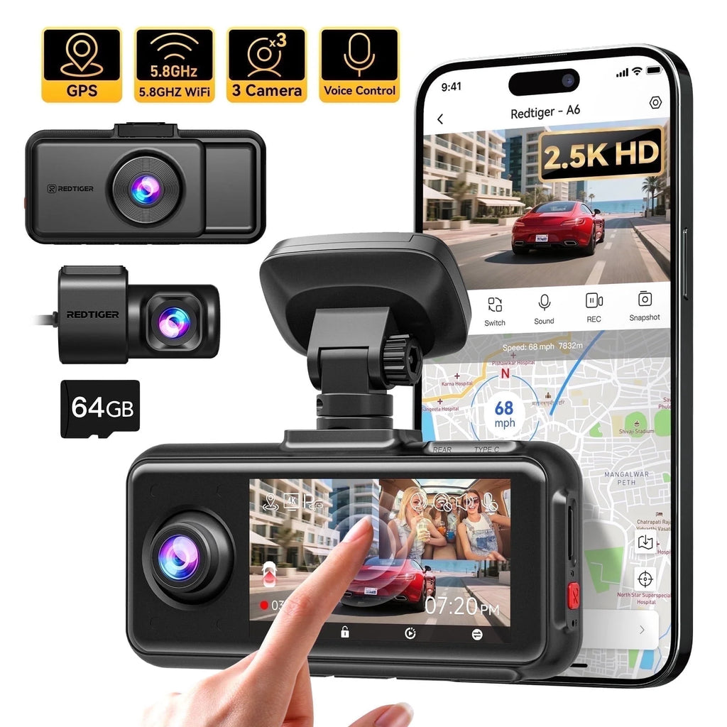 A6 3 Channel Dash Cam, Touch Screen, 2.5K+1080P+1080P Dash Cam Front and Rear Inside, 64GB Card, Triple Dash Camera with Wifi & GPS, Loop Recording, Night Vision