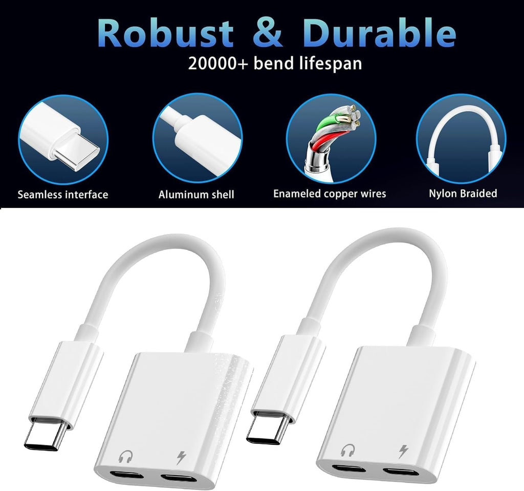 [Apple Mfi Certified] Dual USB C Headphone and Charger Adapter for Iphone 17, 2 Pack USB Type C to Aux Audio + Charge Dongle Adapter for Iphone 17/17 Pro/17 Pro Max/Air/16/16 Pro Max/15/15 Pro Max