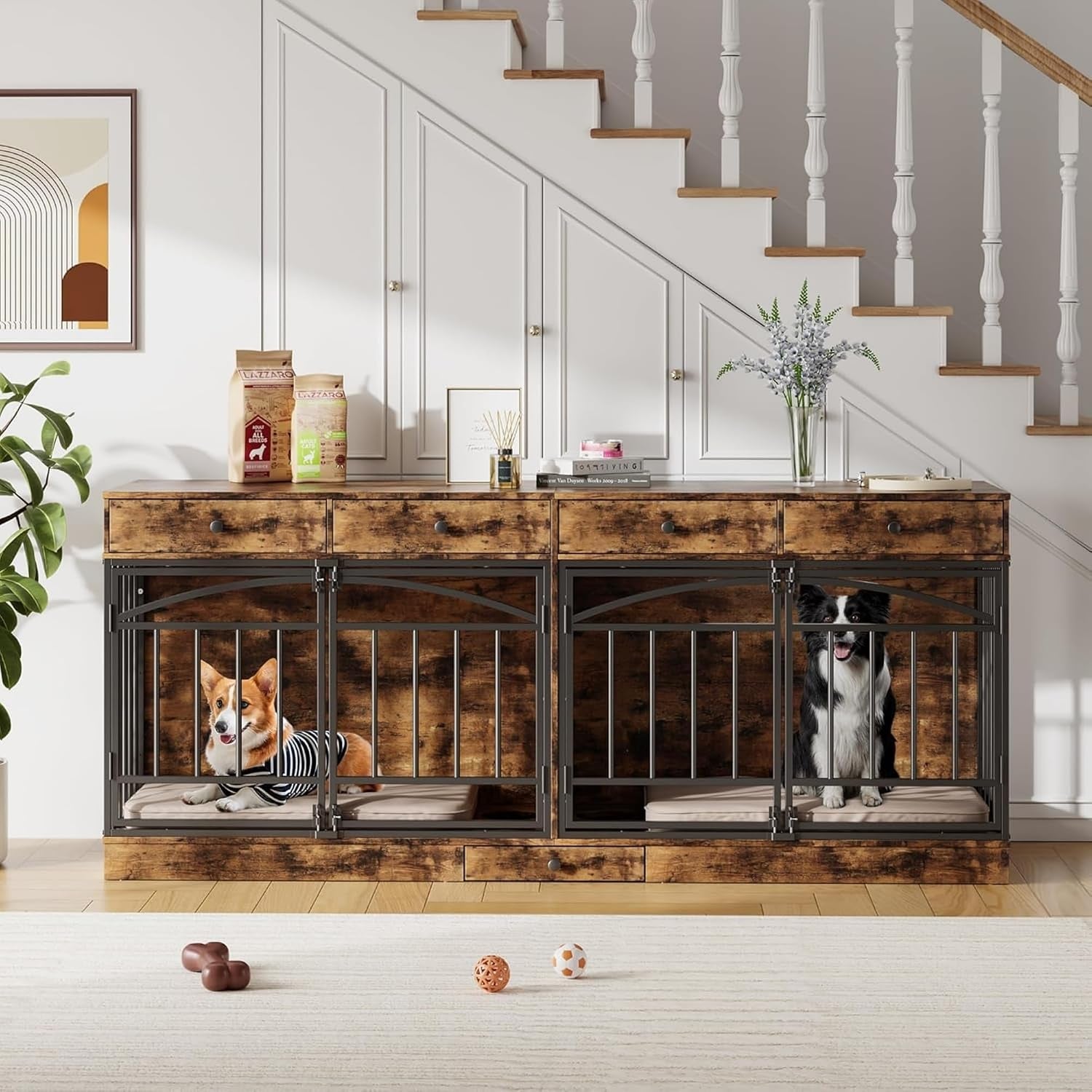 Dog Crate Furniture for 2 Dogs, 78.7'' Large Dog Kennel Indoor with 4 Storage Drawers and Feeding Bowls, Double Dog Crate TV Stand for Small and Medium Dogs, Brown