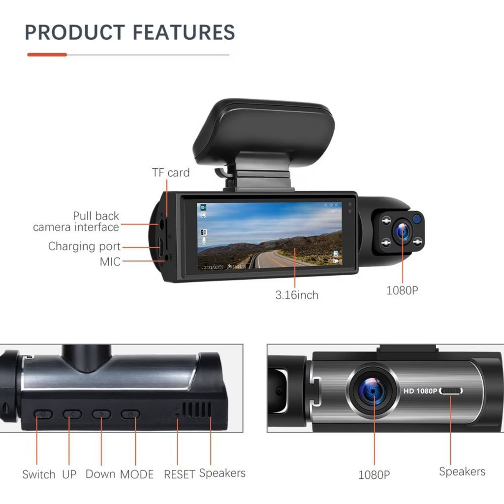1080P Car Camera, Car Dash Cameras, Front and Inside, with Night Vision, Loop Recording DVR Camera