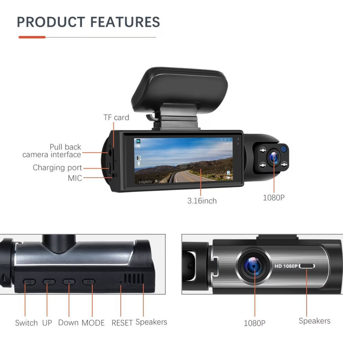 1080P Car Camera, Car Dash Cameras, Front and Inside, with Night Vision, Loop Recording DVR Camera