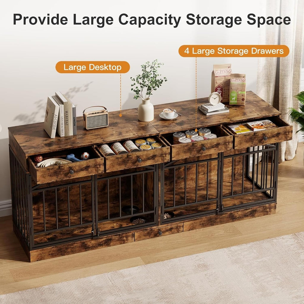 Dog Crate Furniture for 2 Dogs, 78.7'' Large Dog Kennel Indoor with 4 Storage Drawers and Feeding Bowls, Double Dog Crate TV Stand for Small and Medium Dogs, Brown