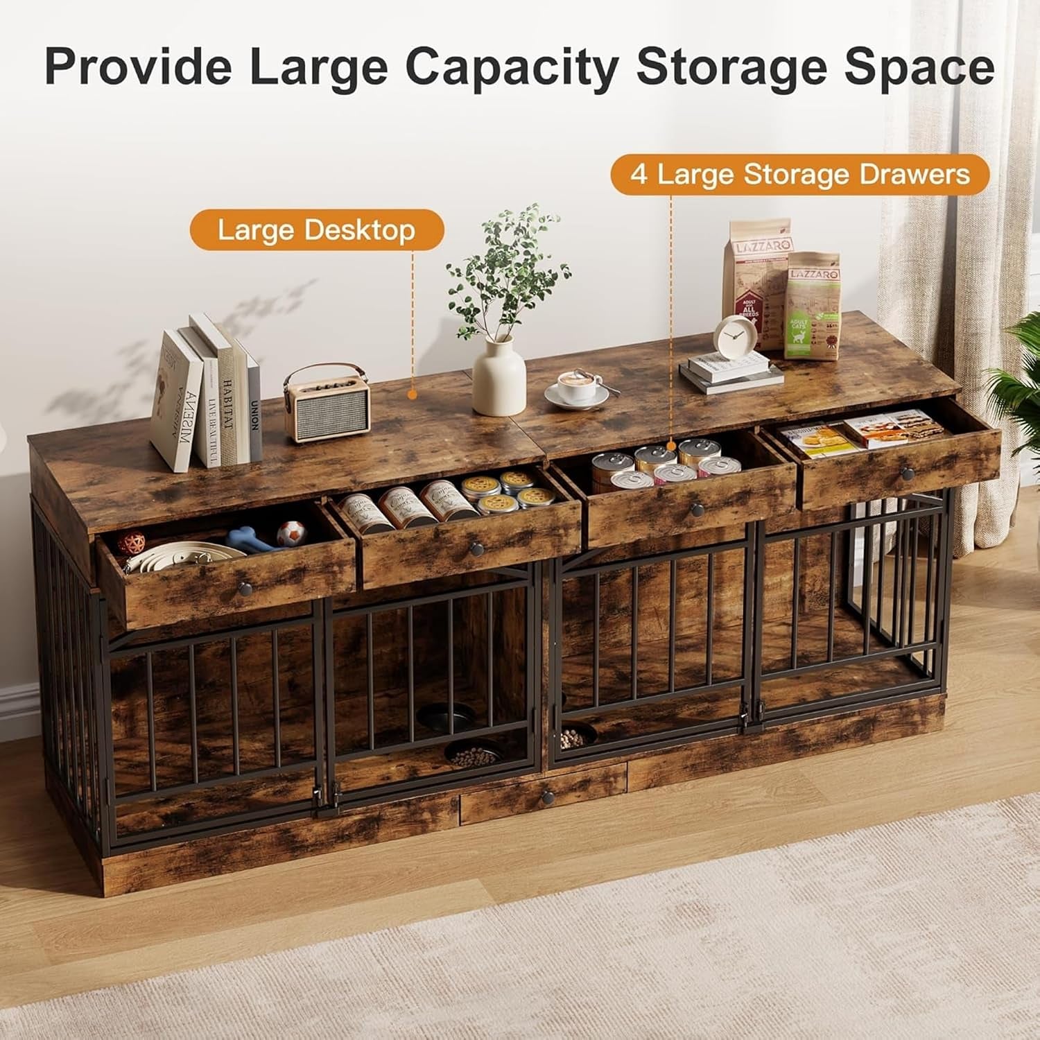 Dog Crate Furniture for 2 Dogs, 78.7'' Large Dog Kennel Indoor with 4 Storage Drawers and Feeding Bowls, Double Dog Crate TV Stand for Small and Medium Dogs, Brown
