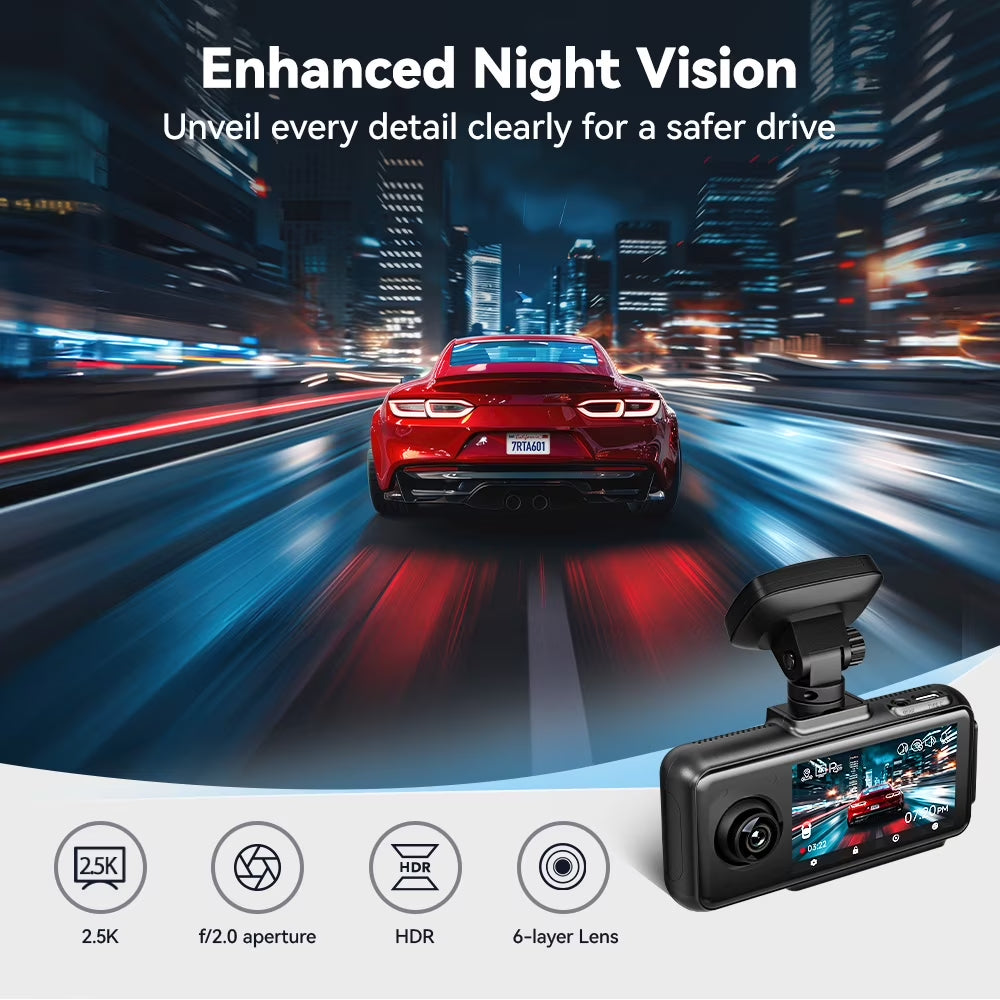 A6 3 Channel Dash Cam, Touch Screen, 2.5K+1080P+1080P Dash Cam Front and Rear Inside, 64GB Card, Triple Dash Camera with Wifi & GPS, Loop Recording, Night Vision