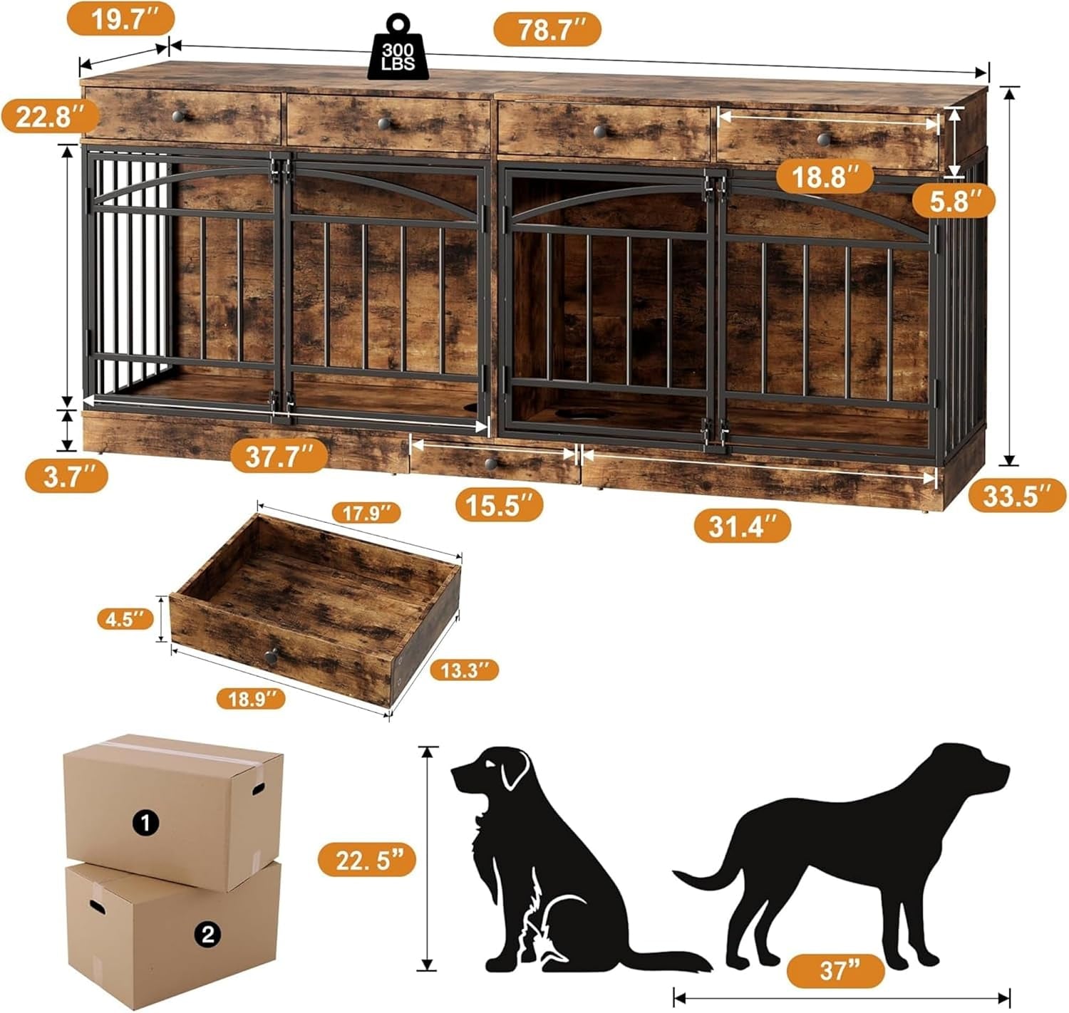 Dog Crate Furniture for 2 Dogs, 78.7'' Large Dog Kennel Indoor with 4 Storage Drawers and Feeding Bowls, Double Dog Crate TV Stand for Small and Medium Dogs, Brown