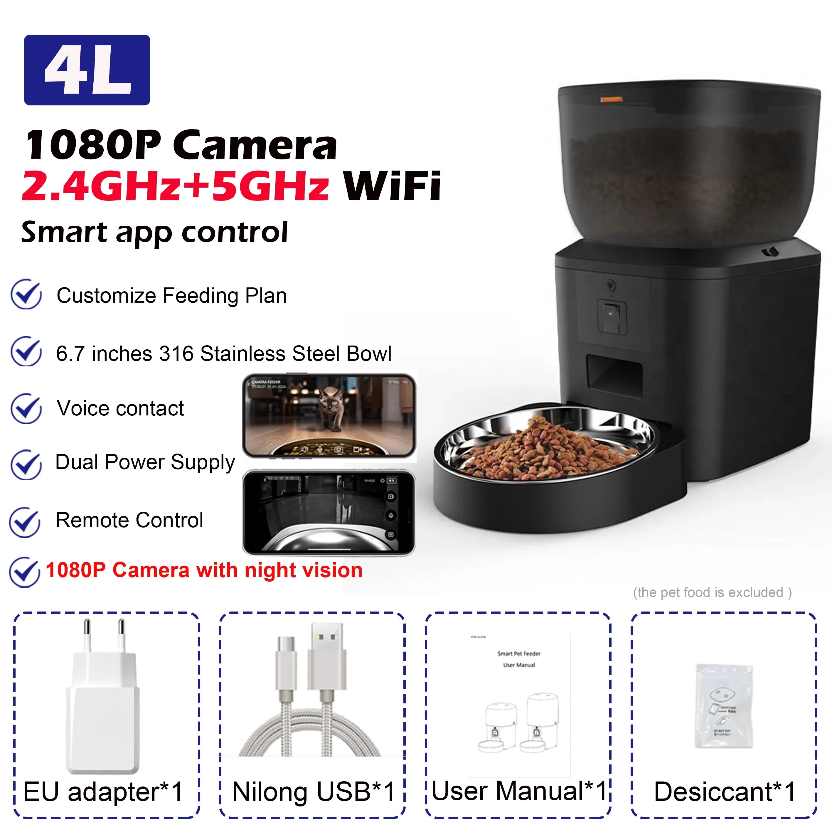 Automatic Dog Feeders with Camera 1080P HD 5G Wifi Pet Feeder Tuya APP Control Automatic Cat Dog Food Dispenser