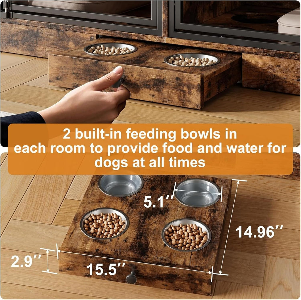 Dog Crate Furniture for 2 Dogs, 78.7'' Large Dog Kennel Indoor with 4 Storage Drawers and Feeding Bowls, Double Dog Crate TV Stand for Small and Medium Dogs, Brown