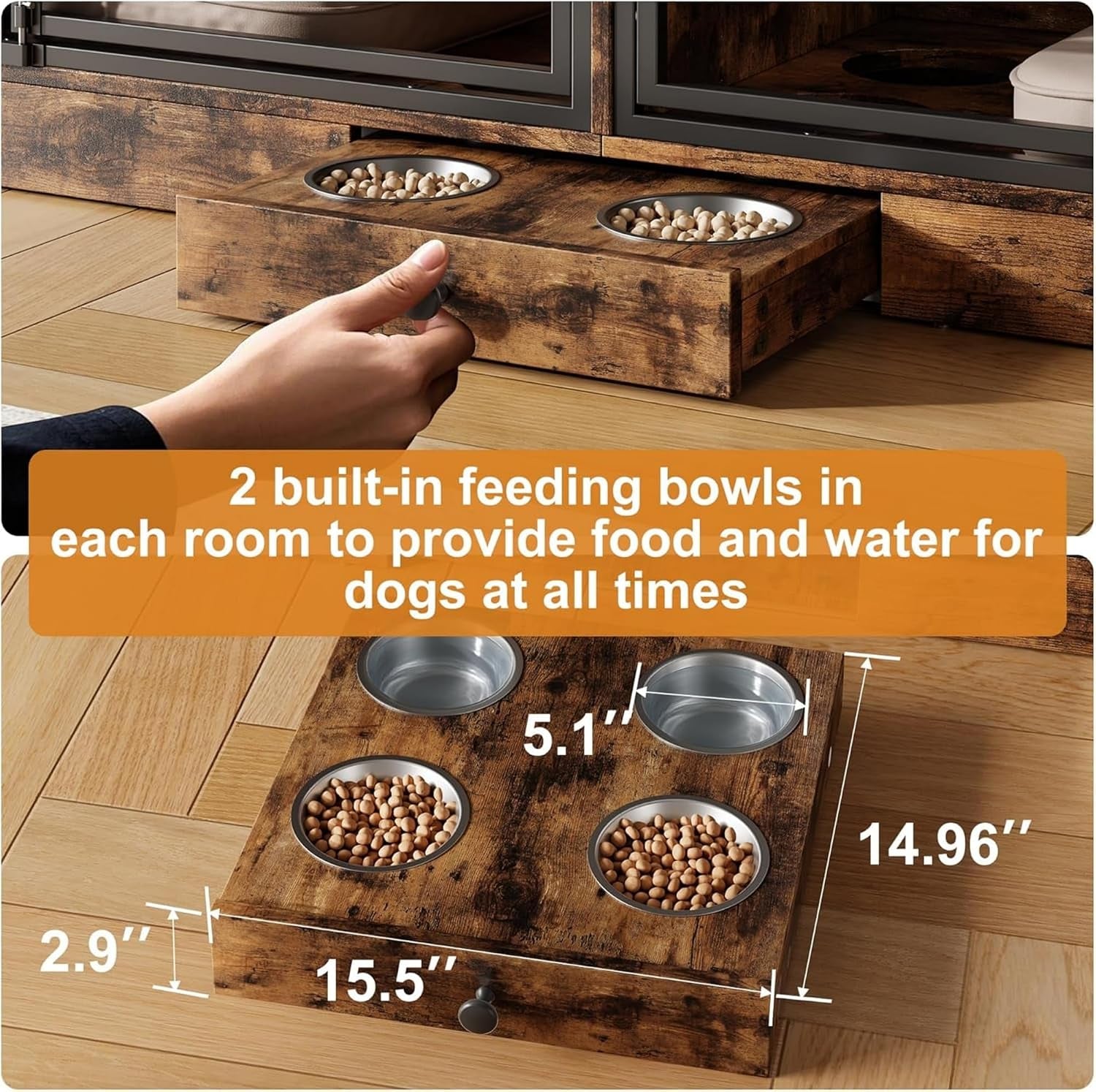 Dog Crate Furniture for 2 Dogs, 78.7'' Large Dog Kennel Indoor with 4 Storage Drawers and Feeding Bowls, Double Dog Crate TV Stand for Small and Medium Dogs, Brown