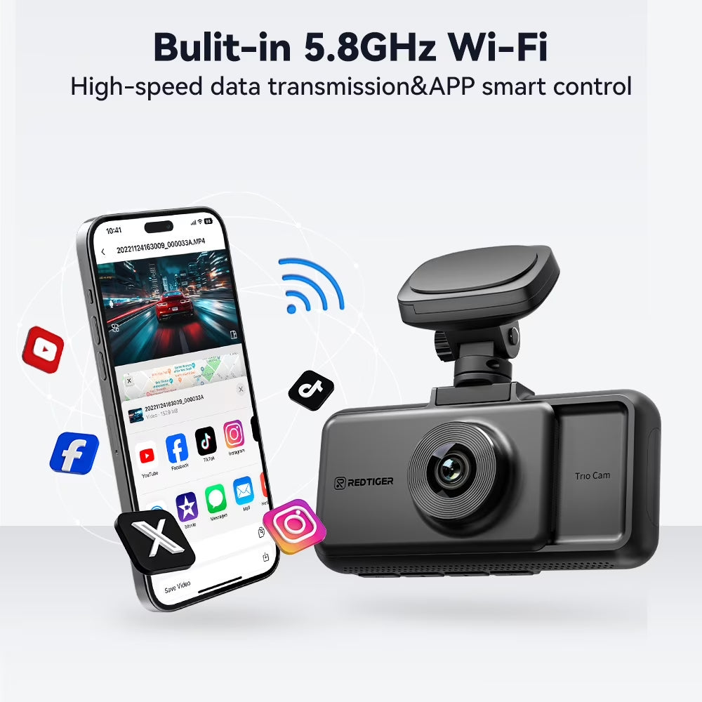 A6 3 Channel Dash Cam, Touch Screen, 2.5K+1080P+1080P Dash Cam Front and Rear Inside, 64GB Card, Triple Dash Camera with Wifi & GPS, Loop Recording, Night Vision