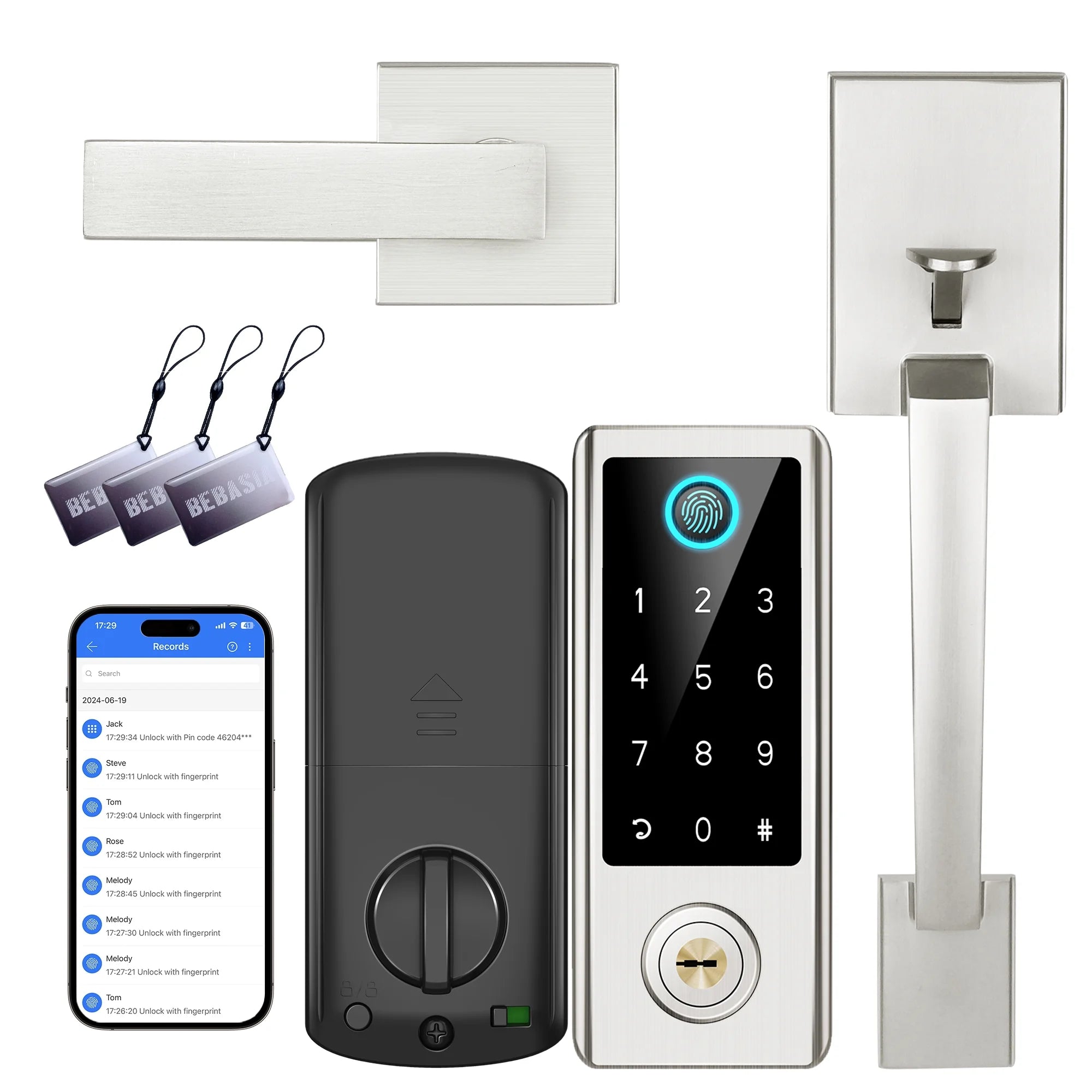 Fingerprint Door Lock with Handle Sets,  Keyless Entry Door Lock, Bluetooth Front Door Lock Set, Smart Door Lock, Electronic Keypad Door Lock with Handle, Digital Smart Deadbolt, Satin Nickel