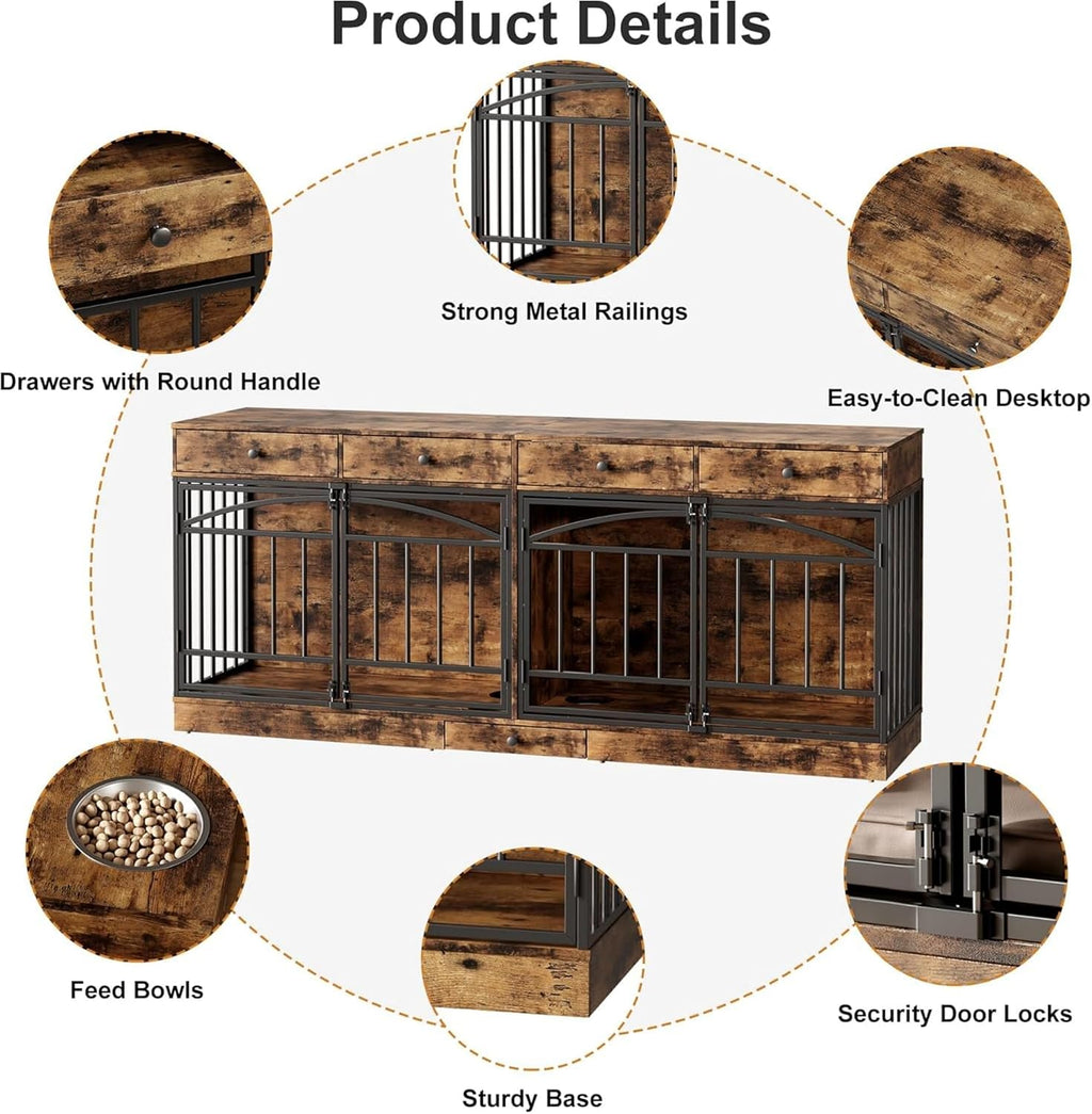 Dog Crate Furniture for 2 Dogs, 78.7'' Large Dog Kennel Indoor with 4 Storage Drawers and Feeding Bowls, Double Dog Crate TV Stand for Small and Medium Dogs, Brown