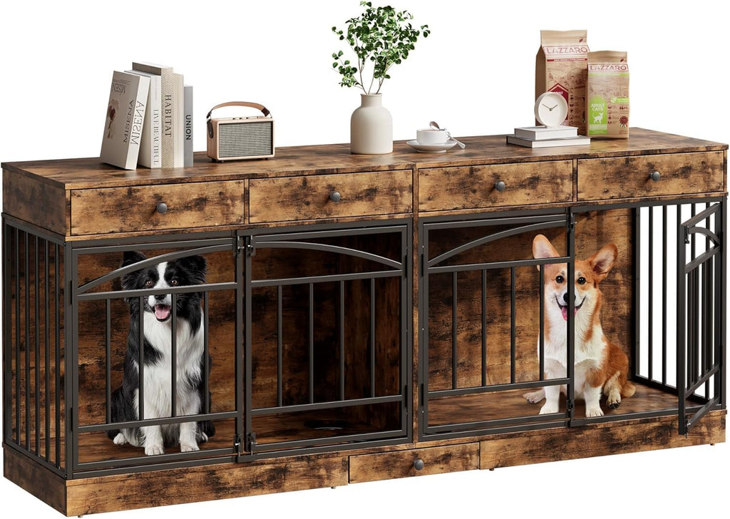 Dog Crate Furniture for 2 Dogs, 78.7'' Large Dog Kennel Indoor with 4 Storage Drawers and Feeding Bowls, Double Dog Crate TV Stand for Small and Medium Dogs, Brown