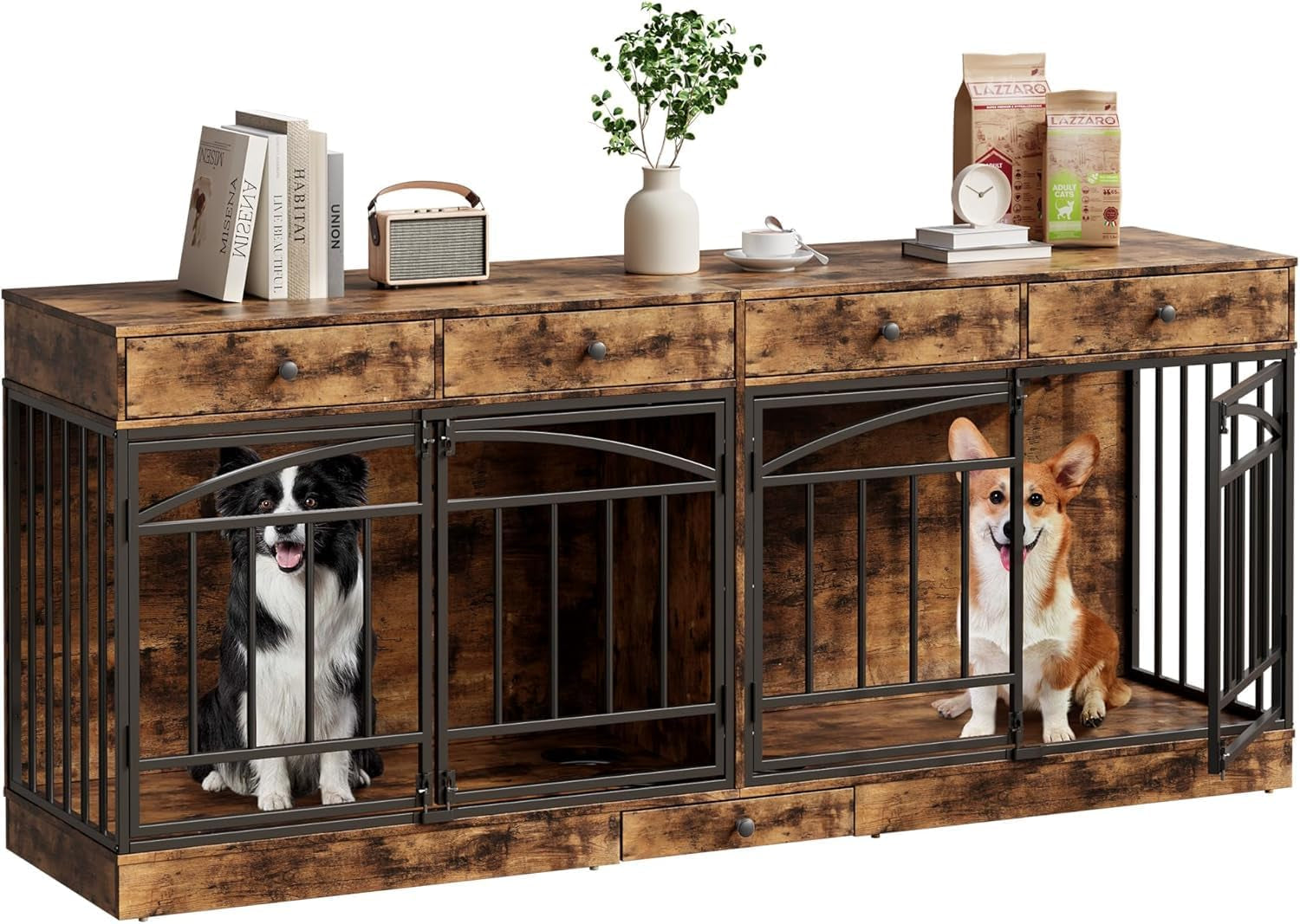 Dog Crate Furniture for 2 Dogs, 78.7'' Large Dog Kennel Indoor with 4 Storage Drawers and Feeding Bowls, Double Dog Crate TV Stand for Small and Medium Dogs, Brown