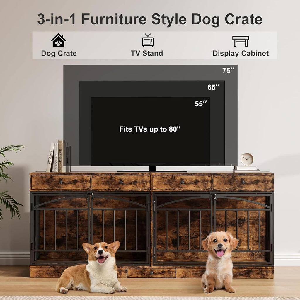 Dog Crate Furniture for 2 Dogs, 78.7'' Large Dog Kennel Indoor with 4 Storage Drawers and Feeding Bowls, Double Dog Crate TV Stand for Small and Medium Dogs, Brown