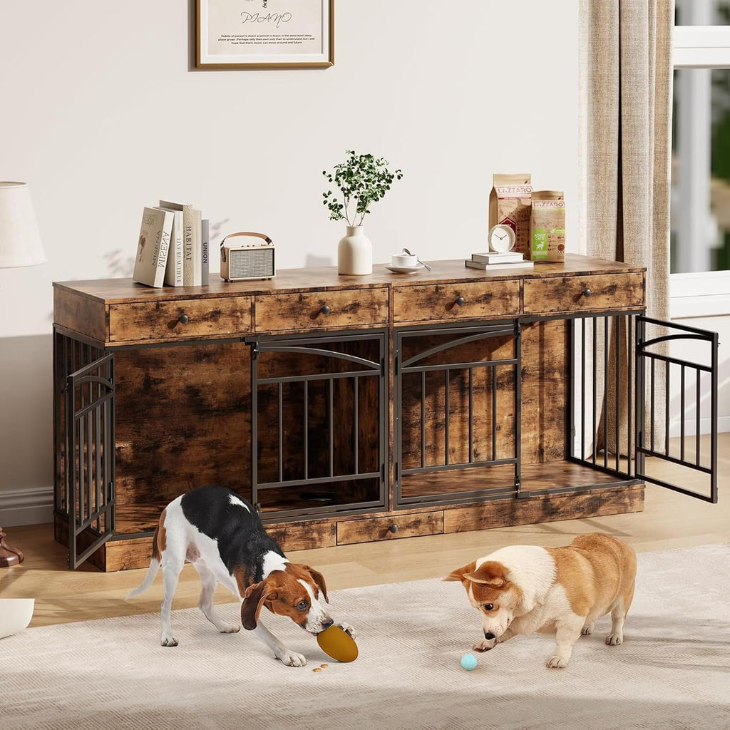 Dog Crate Furniture for 2 Dogs, 78.7'' Large Dog Kennel Indoor with 4 Storage Drawers and Feeding Bowls, Double Dog Crate TV Stand for Small and Medium Dogs, Brown