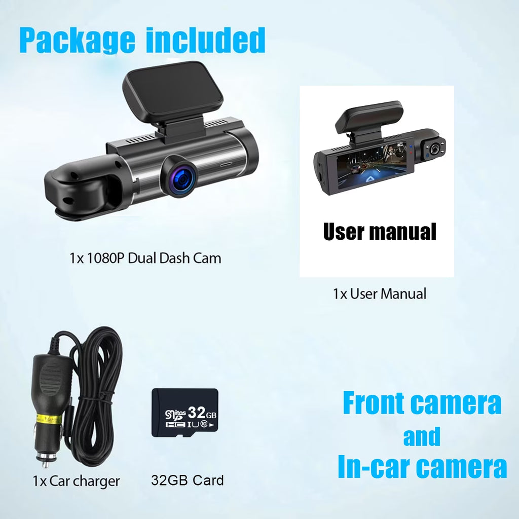 1080P Car Camera, Car Dash Cameras, Front and Inside, with Night Vision, Loop Recording DVR Camera