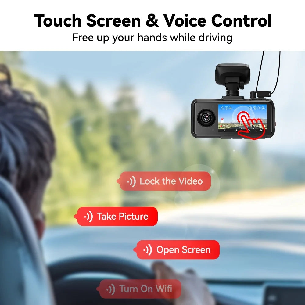 A6 3 Channel Dash Cam, Touch Screen, 2.5K+1080P+1080P Dash Cam Front and Rear Inside, 64GB Card, Triple Dash Camera with Wifi & GPS, Loop Recording, Night Vision